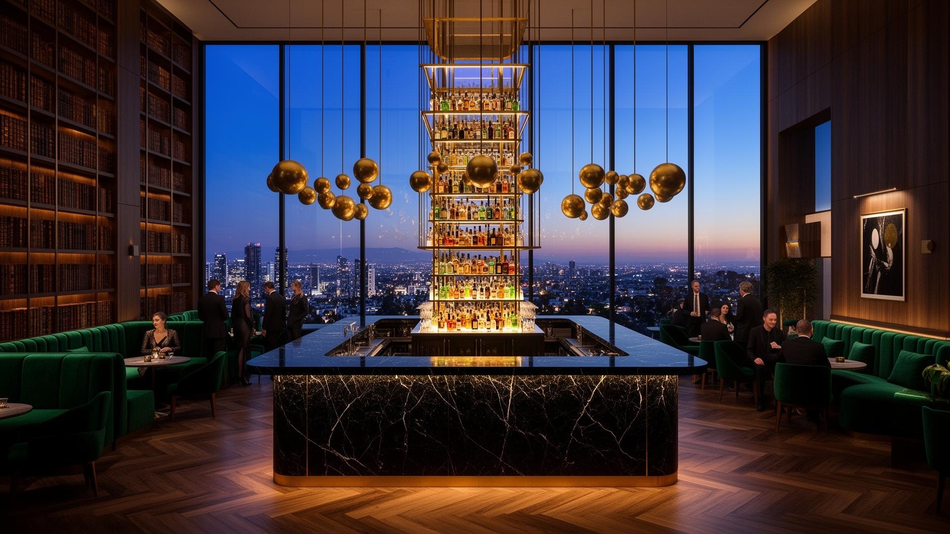 Emerald Library Bar · double-height skyline views