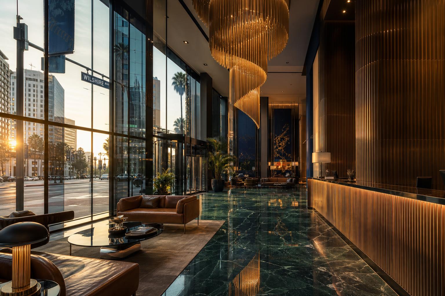 Grand lobby · emerald marble & brass chandelier