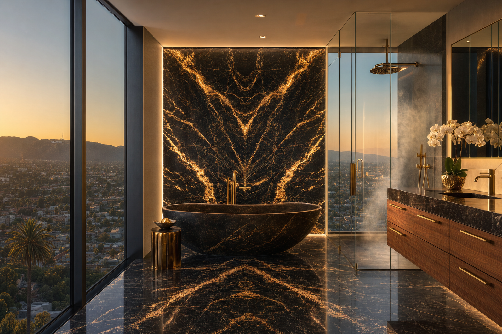 Master bath · Hollywood Hills view