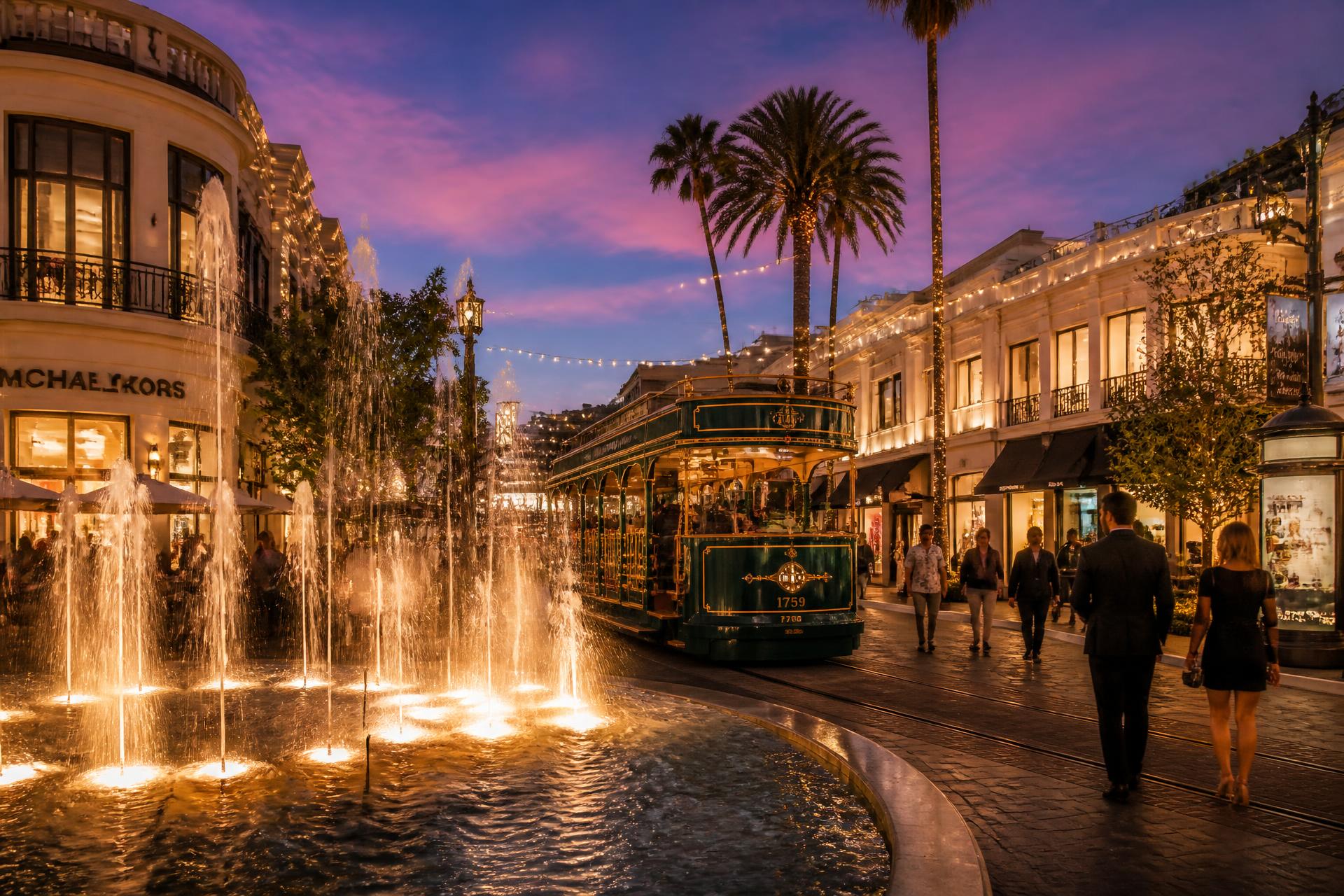 The Grove at twilight — fountain, trolley, and open-air promenade