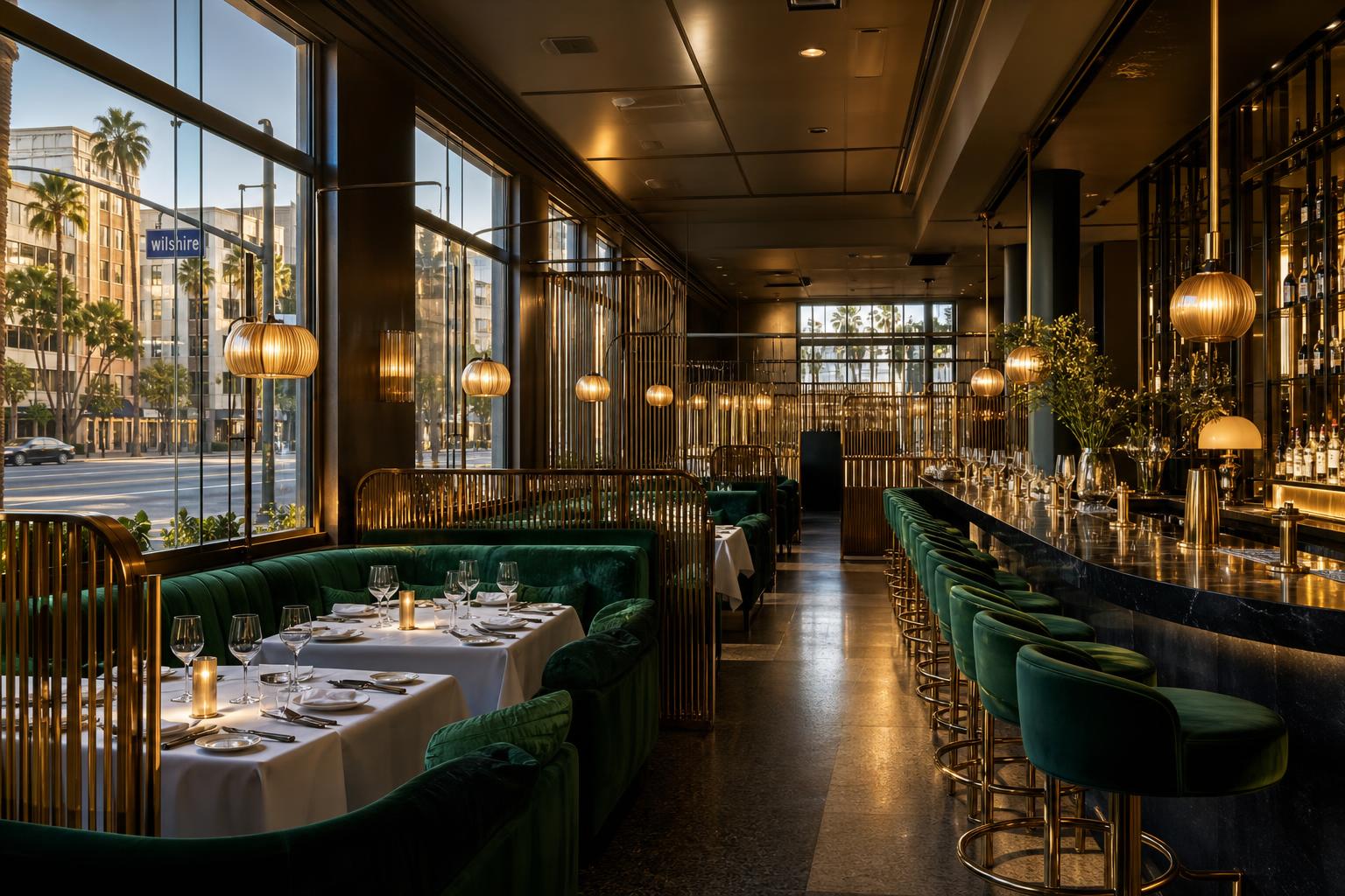 Ground-floor restaurant · velvet banquettes