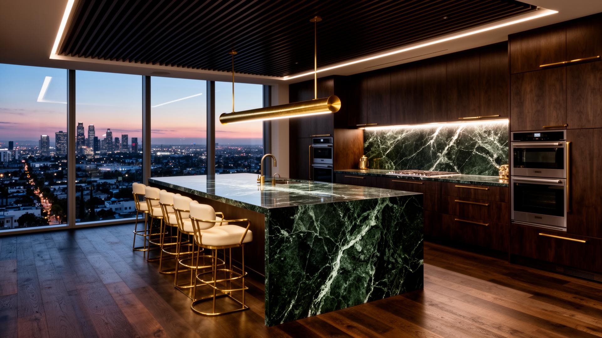 Chef's kitchen · emerald marble waterfall island