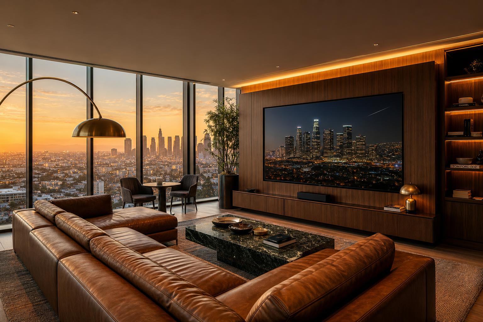 Corner suite living room · wraparound skyline exposure