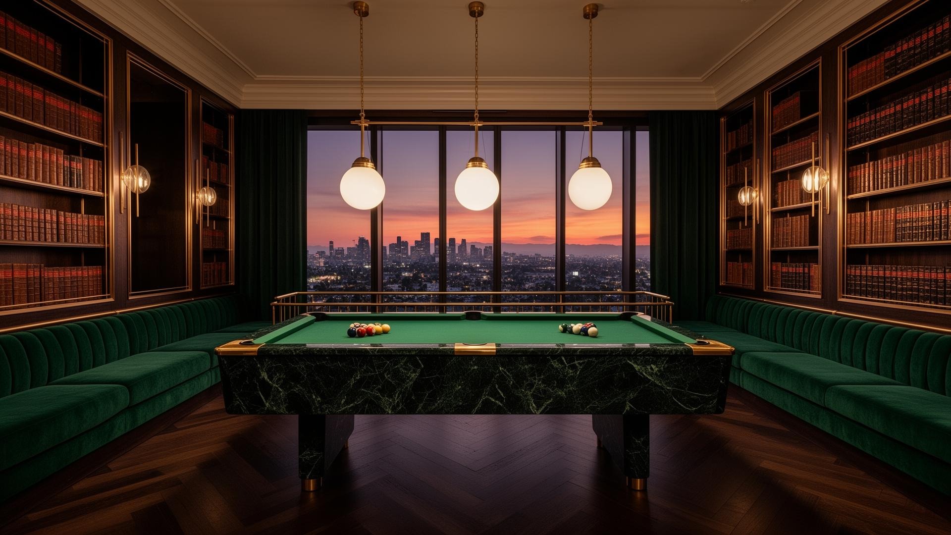 Billiards room · green marble table & brass railings