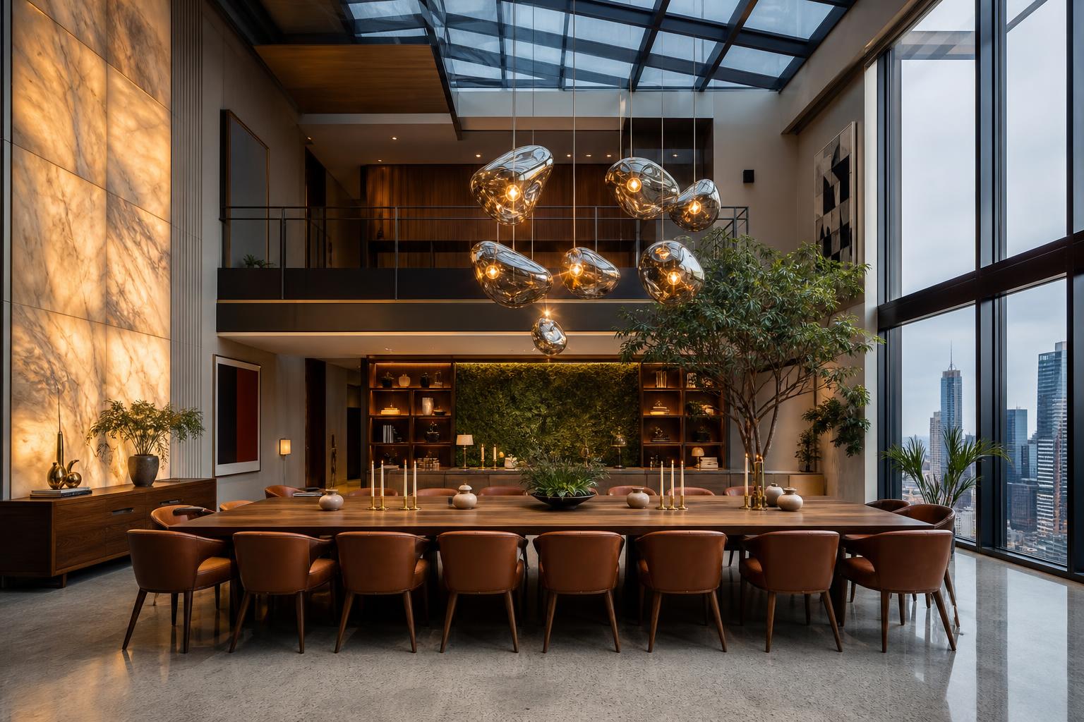 Private dining room · walnut table beneath a double-height chandelier