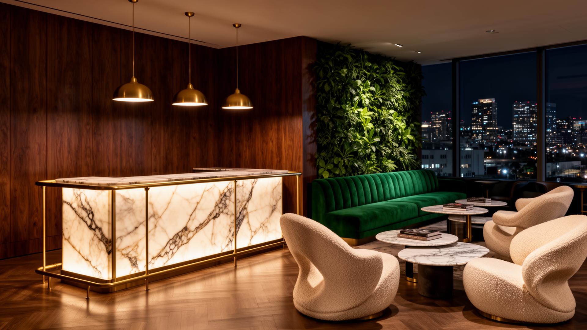 Executive lounge · backlit onyx bar & living green wall