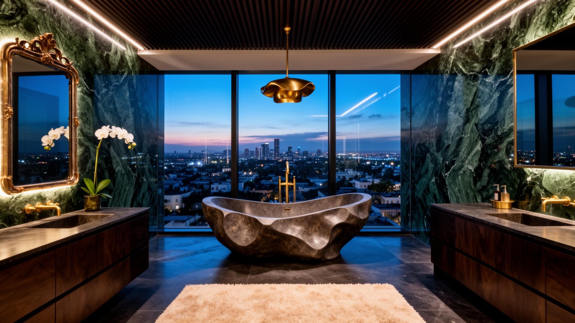 Primary bath · sculptural stone tub at the window