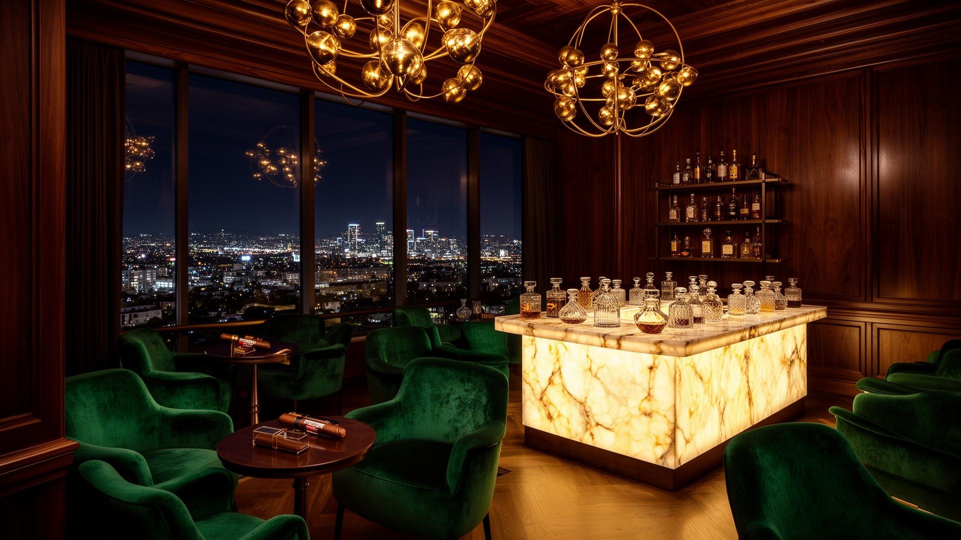 Cigar & spirits room · backlit onyx bar and velvet armchairs