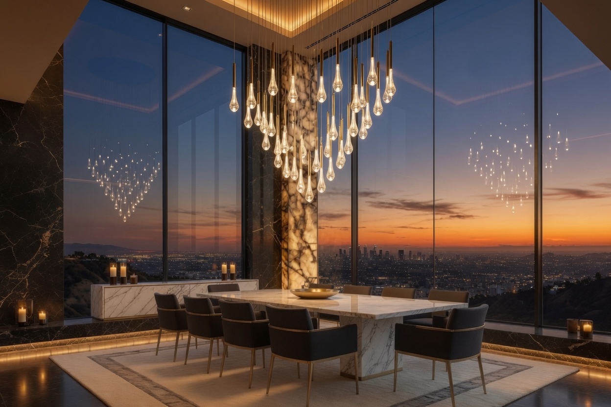 Penthouse dining room · skyline views