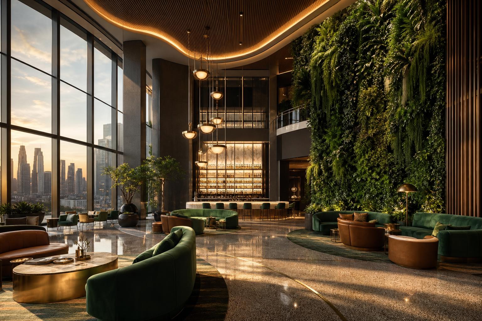 Lounge seating · living green wall & cove-lit slat ceiling