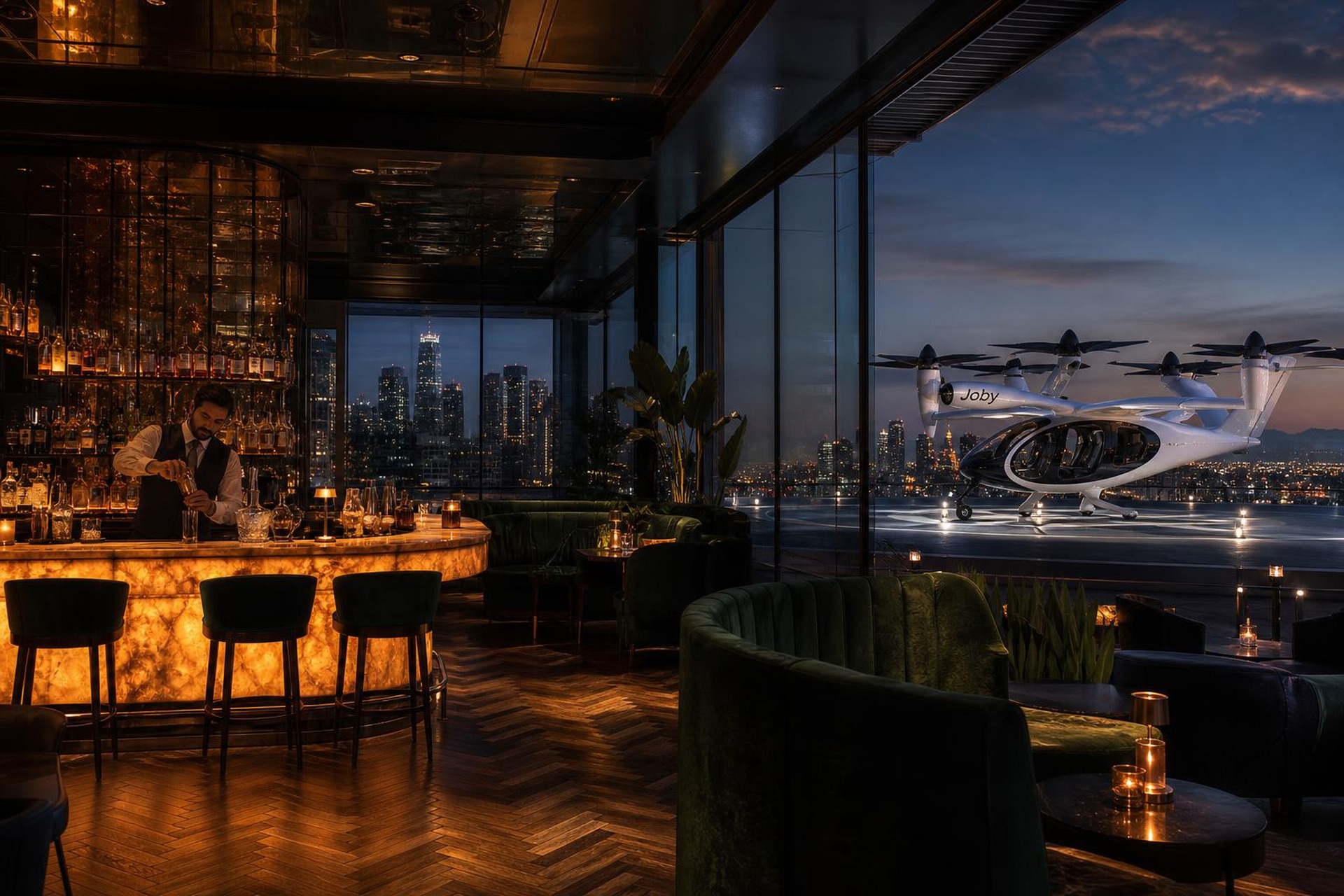 Skyport lounge · onyx bar overlooking the pad at dusk