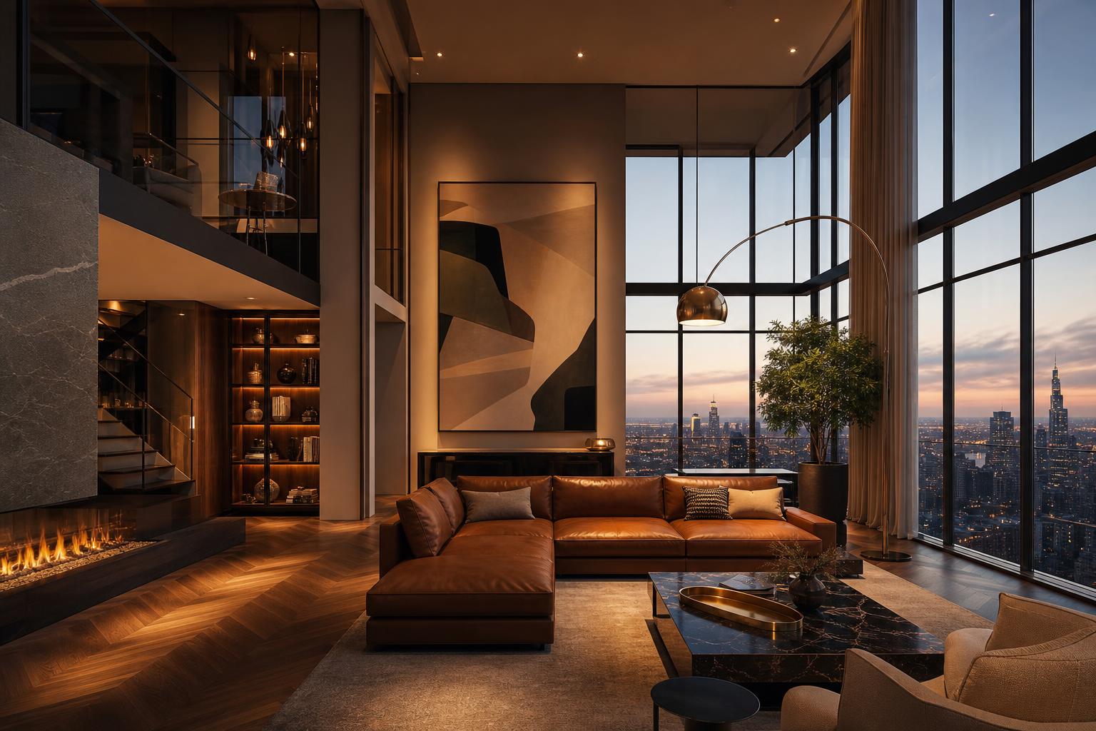 Great room · double-height glass with skyline views